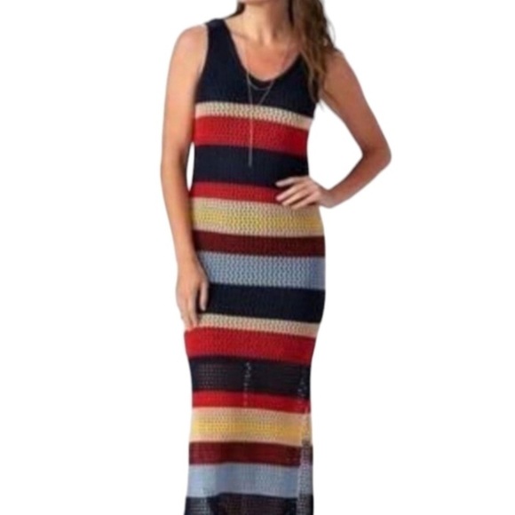 Cato Crochet Maxi Dress Retro 70s Boho Beach Dress Colorblock Striped Sz M - Picture 1 of 16